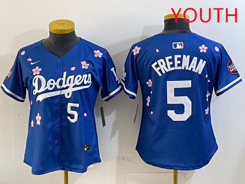 Youth Los Angeles Dodgers #5 Freeman Blue Sakura Edition 2025 Nike MLB Jersey style 8